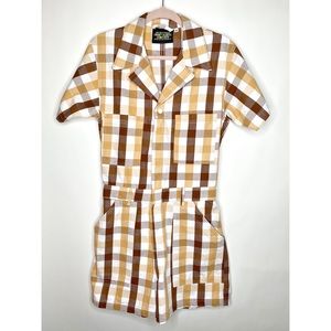 Big Bud Press Romper Jumpsuit Tan Brown Gingham Short Sleeve Unisex Size Medium